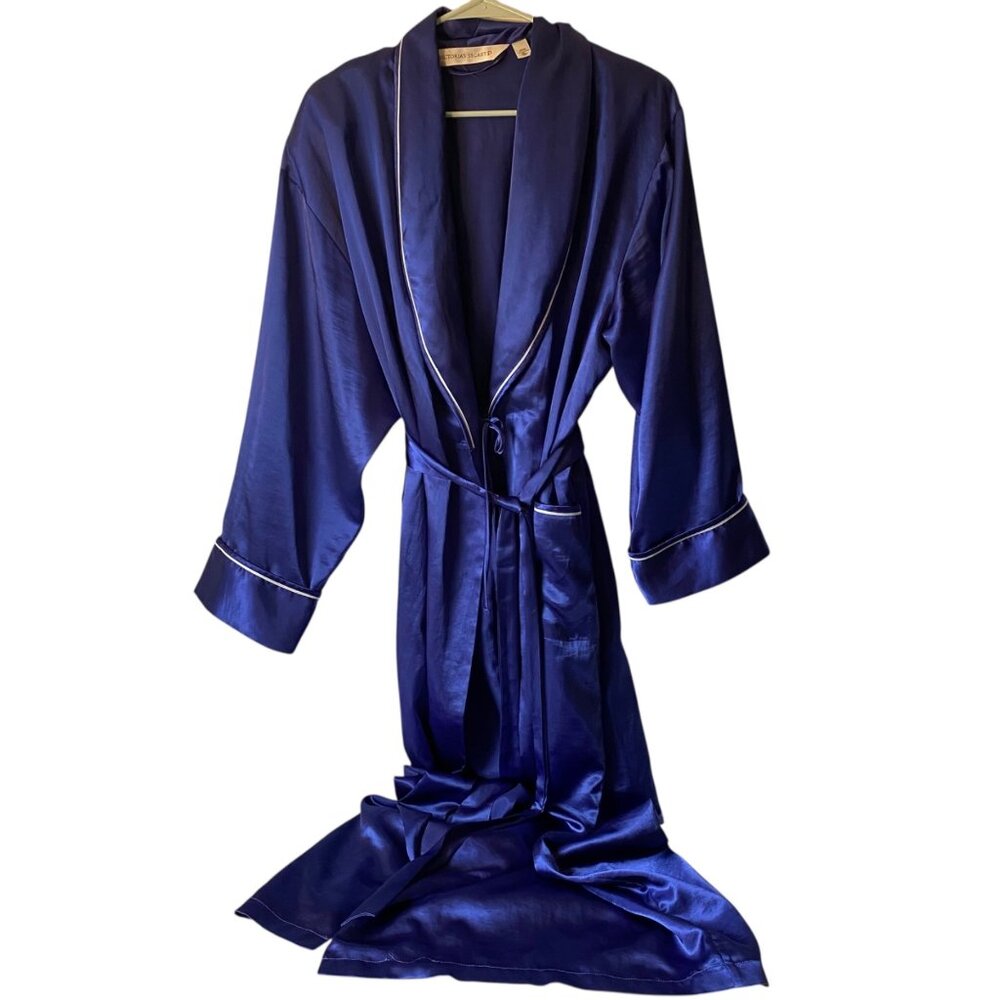 Victorias Secret Royal Blue Maxi Satin Robe White Piping Pockets Women M/L